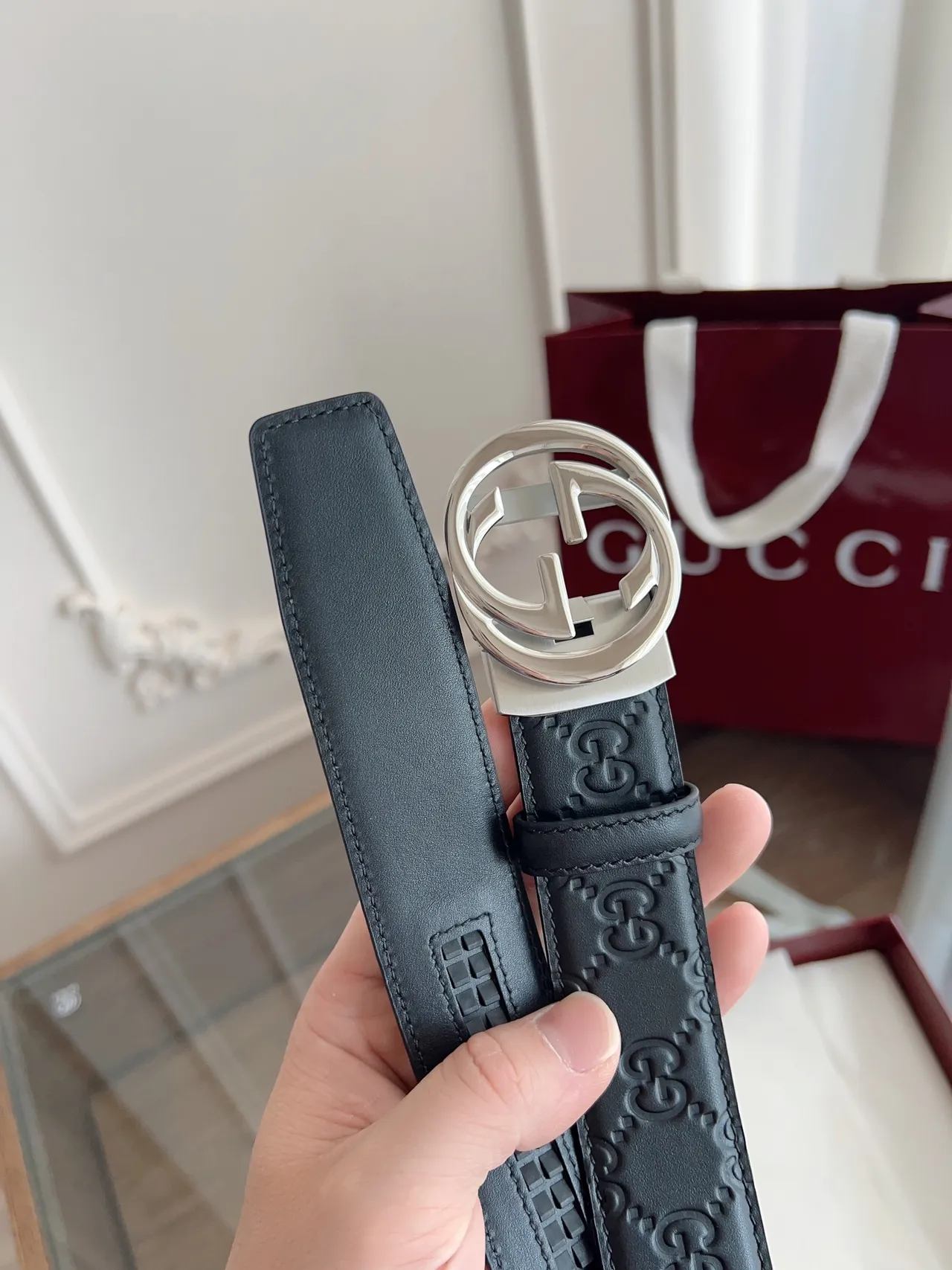 Gucci Double G Cinto Preto Dourado Embossado GG Monograma Couro 5