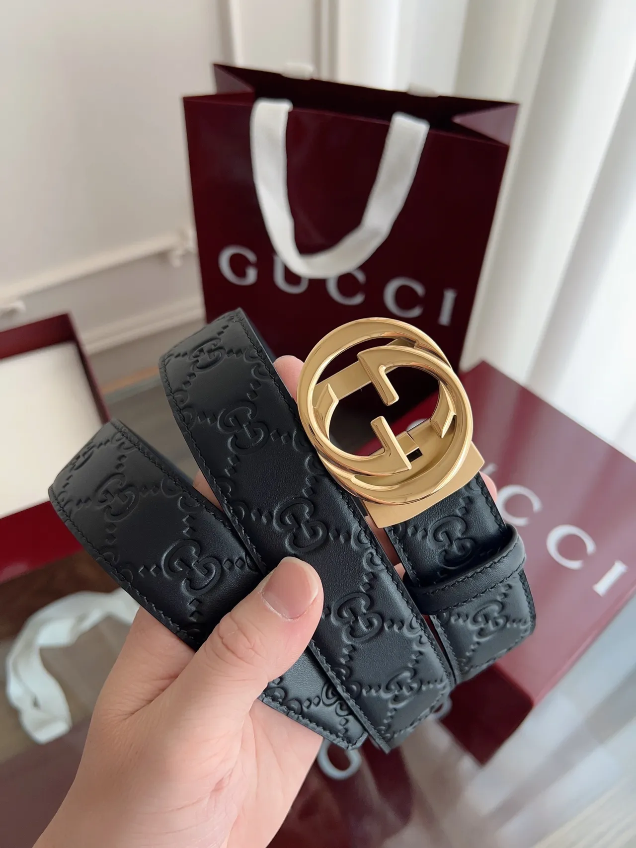 Gucci Double G Cinto Preto Dourado Embossado GG Monograma Couro 6