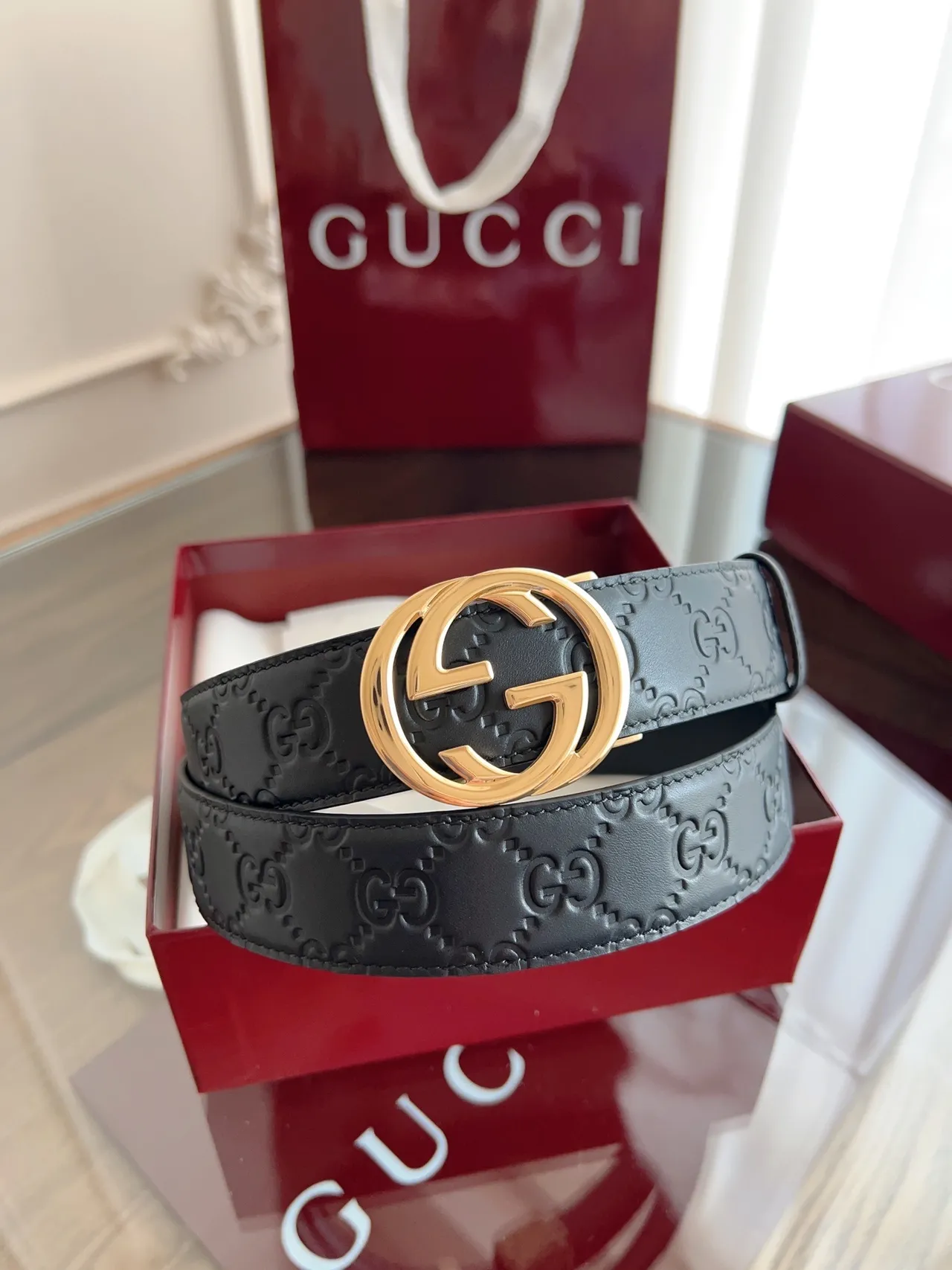 Gucci Double G Cinto Preto Dourado Embossado GG Monograma Couro 8