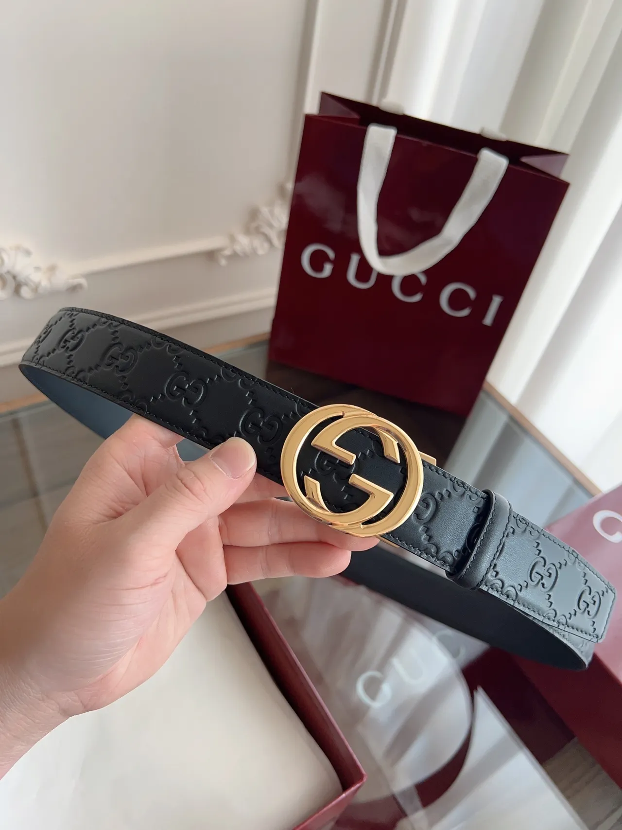 Gucci Double G Cinto Preto Dourado Embossado GG Monograma Couro 9