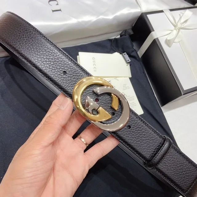 Gucci Double G Ceinture Noire Cuir Grainé Boucle Deux Tons Ceinture Cuir 2