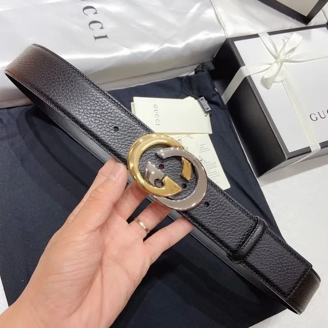 Gucci Double G Ceinture Noire Cuir Grainé Boucle Deux Tons Ceinture Cuir 3