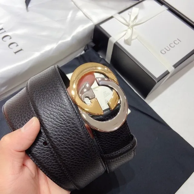 Gucci Double G Ceinture Noire Cuir Grainé Boucle Deux Tons Ceinture Cuir 4