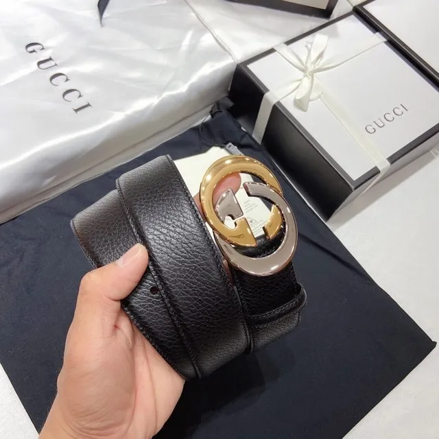 Gucci Double G Ceinture Noire Cuir Grainé Boucle Deux Tons Ceinture Cuir 5