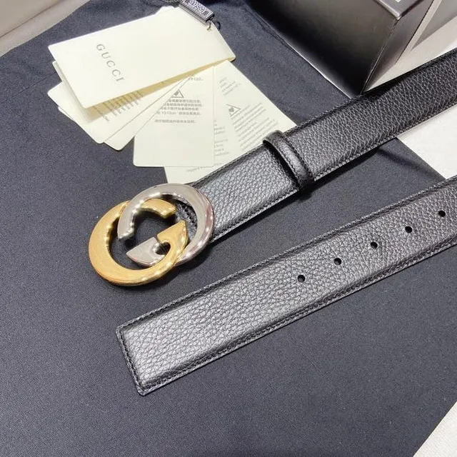 Gucci Double G Ceinture Noire Cuir Grainé Boucle Deux Tons Ceinture Cuir 9