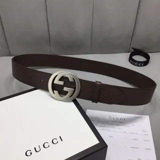 Gucci Double G বেল্ট বাদামি চামড়া সিলভার-টোন বাকেল চামড়া বেল্ট