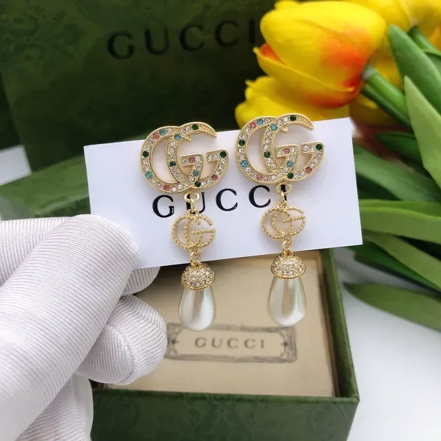 Gucci Double G Crystal and Pearl Drop Earrings 2