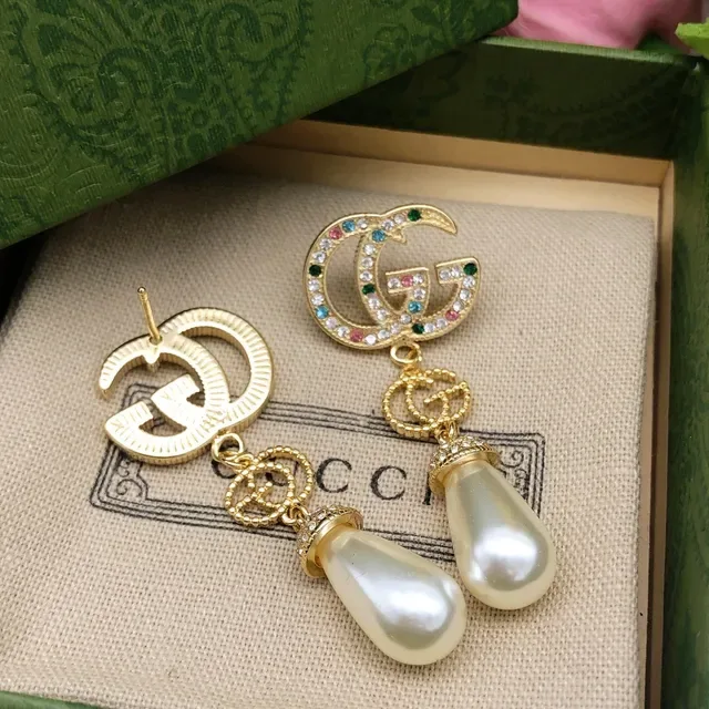 Gucci Double G Crystal and Pearl Drop Earrings 3