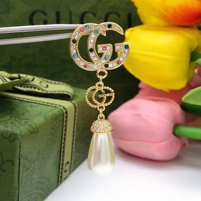 Gucci Double G Crystal and Pearl Drop Earrings 4