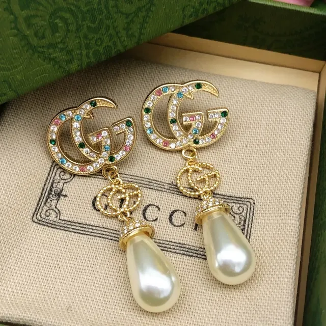 Gucci Double G Crystal and Pearl Drop Earrings 5
