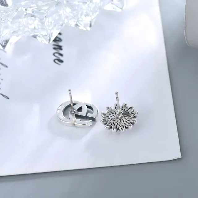 Gucci Double G Flower Rivet Stud Silver Blue Interlocking Sunflower Motif Earrings 2