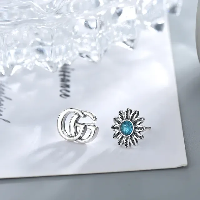 Gucci Double G Flower Rivet Stud Silver Blue Interlocking Sunflower Motif Earrings 6