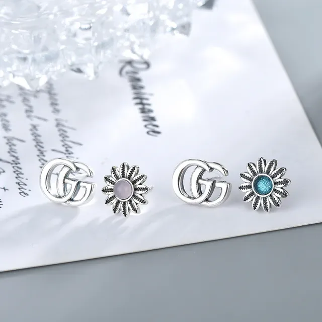 Gucci Double G Flower Rivet Stud Silver Blue Interlocking Sunflower Motif Earrings 7