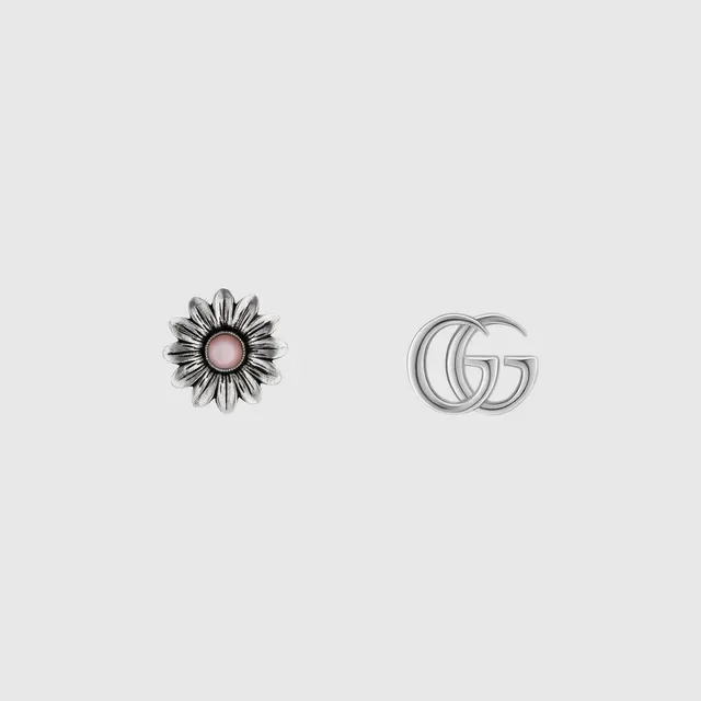 Gucci Double G Flower Rivet Stud Silver Blue Interlocking Sunflower Motif Earrings 8