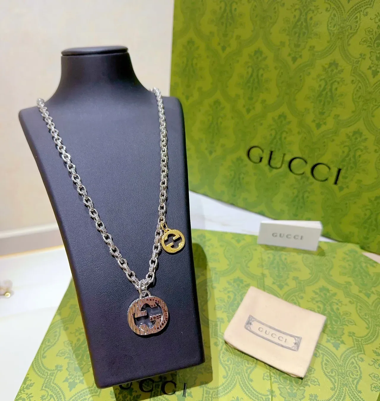 Gucci Double G Pendant Necklace Silver and Gold Tone Necklaces 8