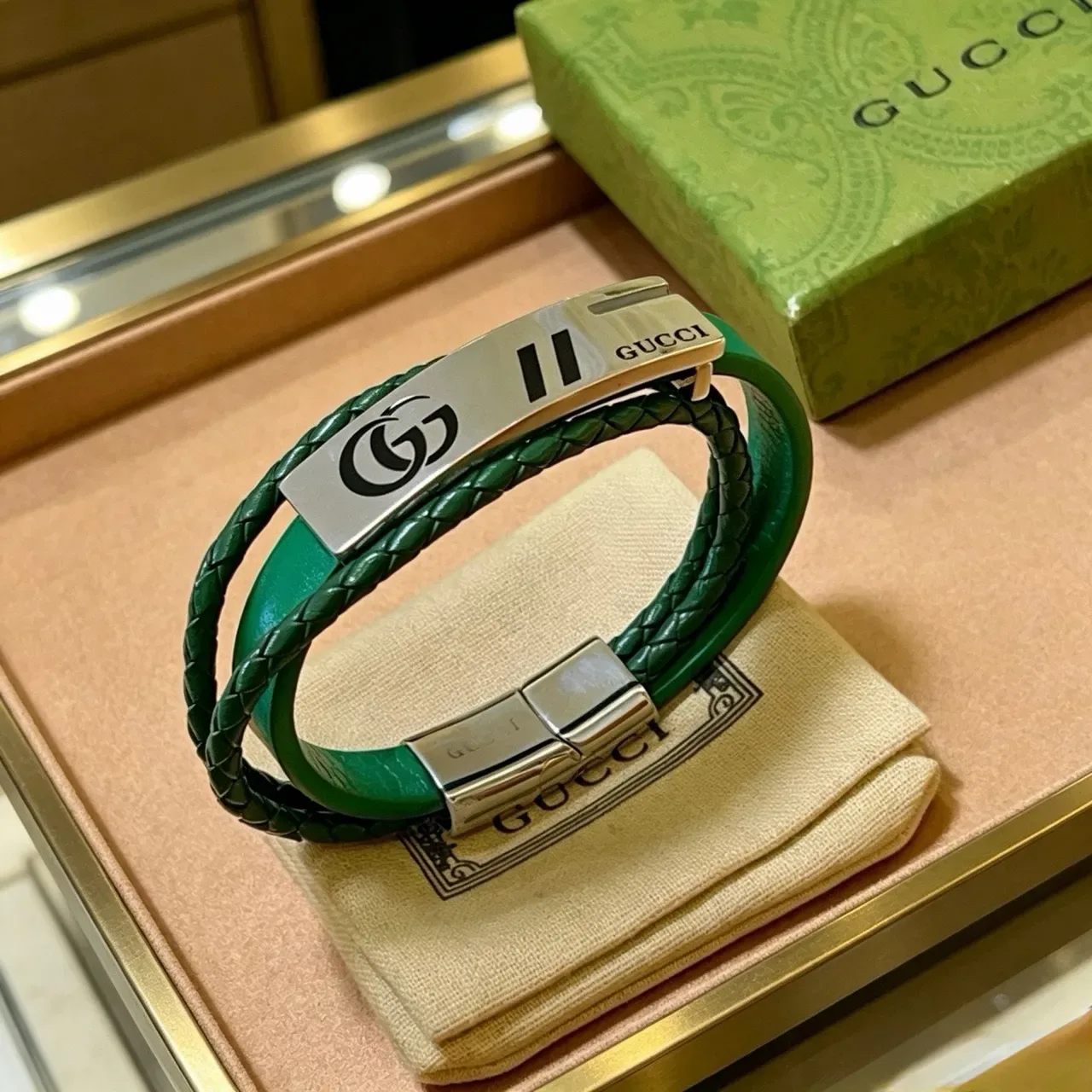 Gucci Double-Wrap Braided Green Leather Bracelet 2