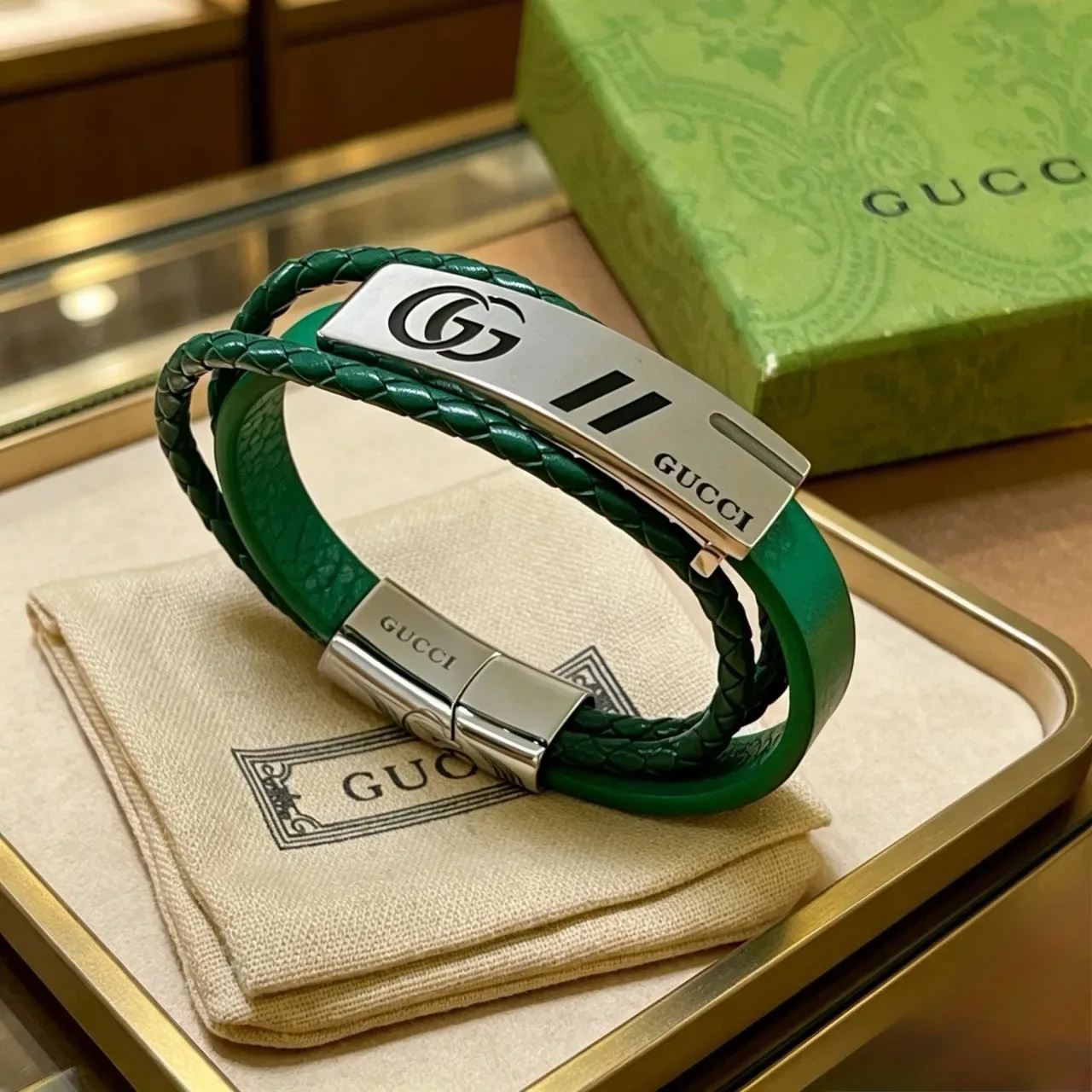 Gucci Double-Wrap Braided Green Leather Bracelet 3