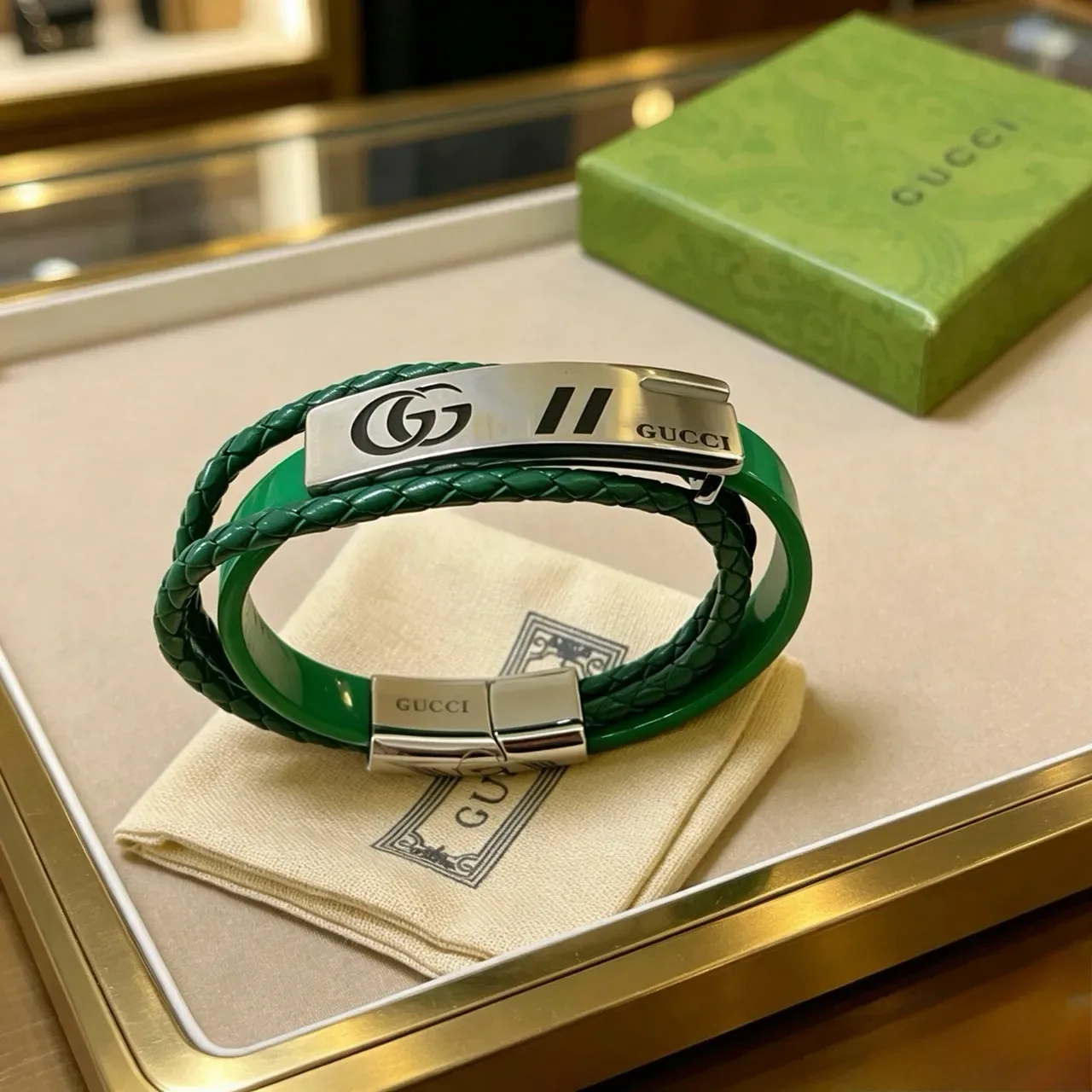 Gucci Double-Wrap Braided Green Leather Bracelet 5