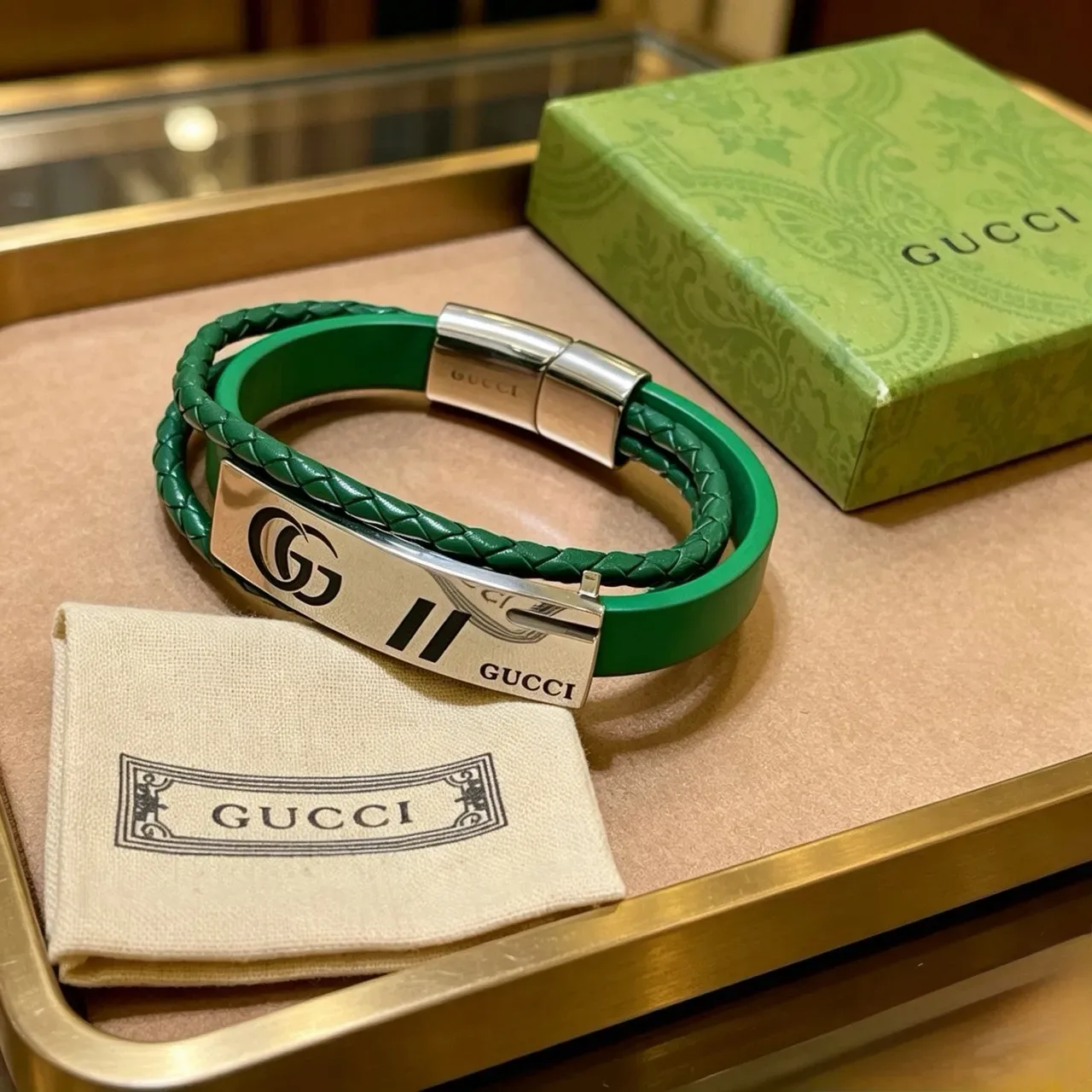 Gucci Double-Wrap Braided Green Leather Bracelet 6