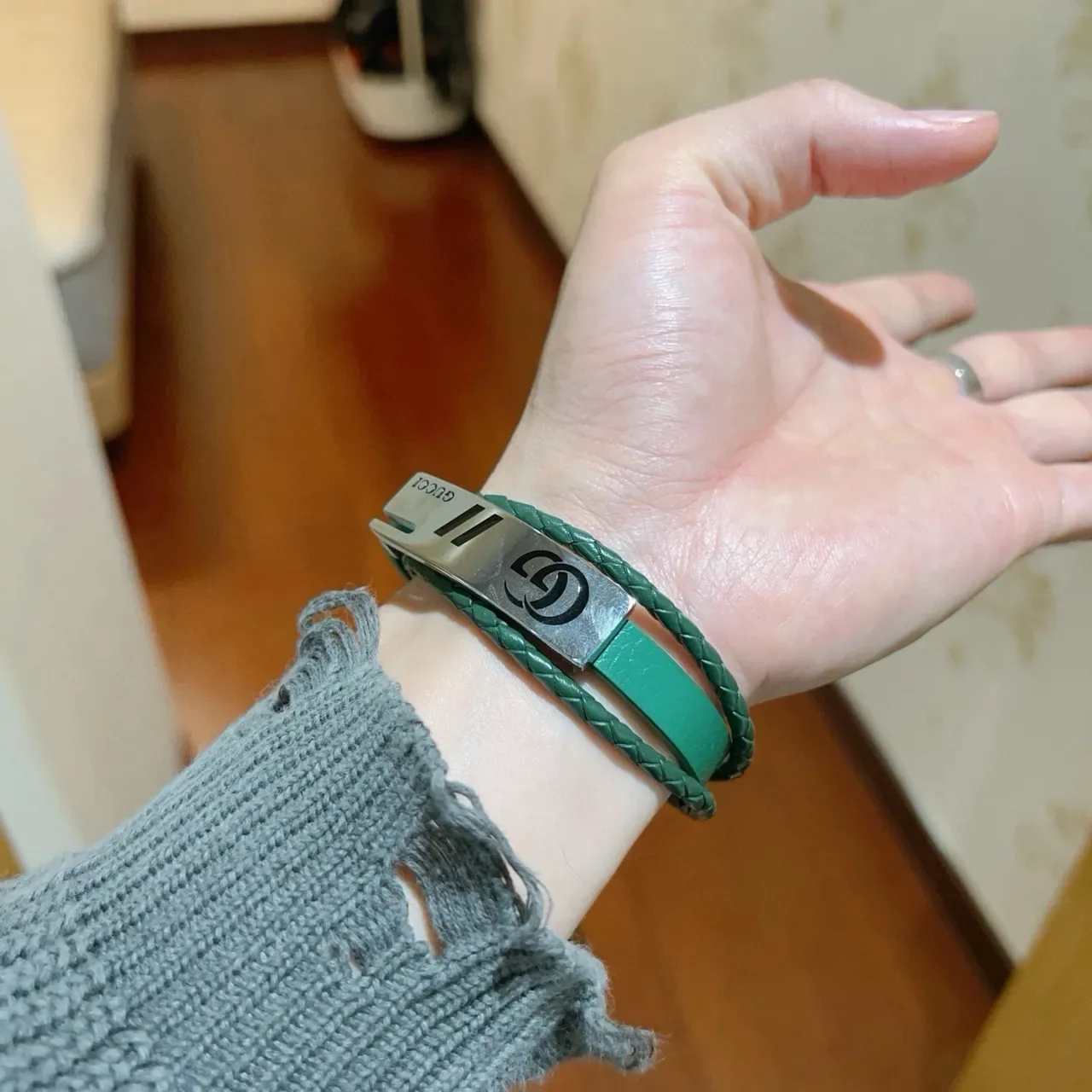 Gucci Double-Wrap Braided Green Leather Bracelet 7