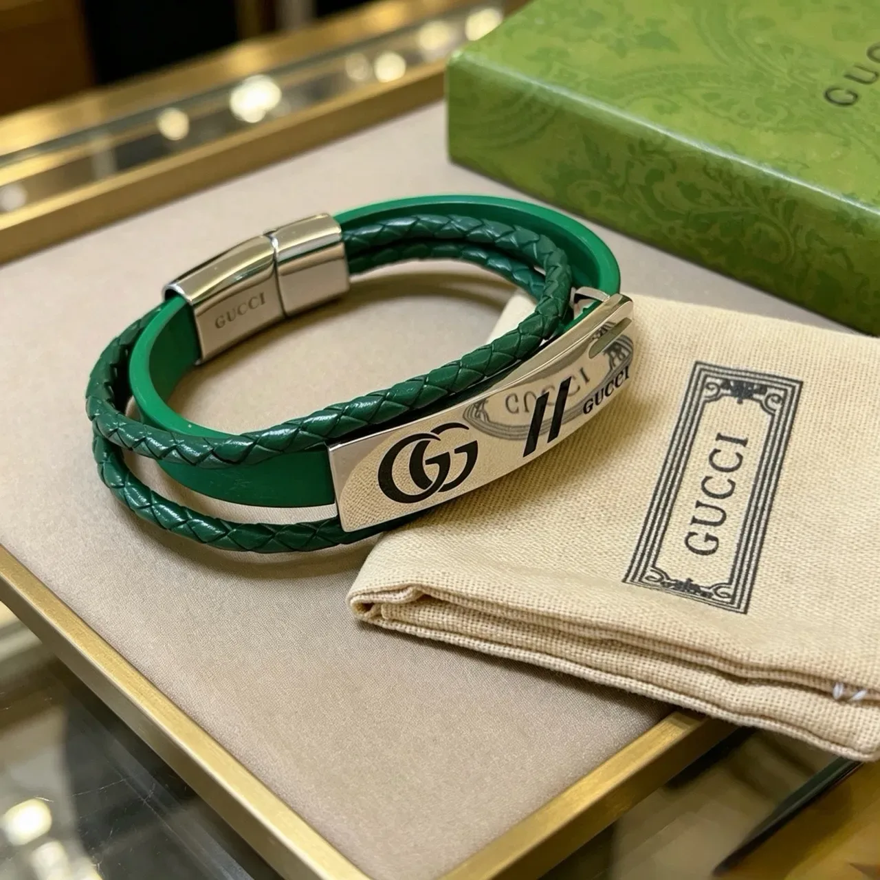 Gucci Double-Wrap Braided Green Leather Bracelet 9