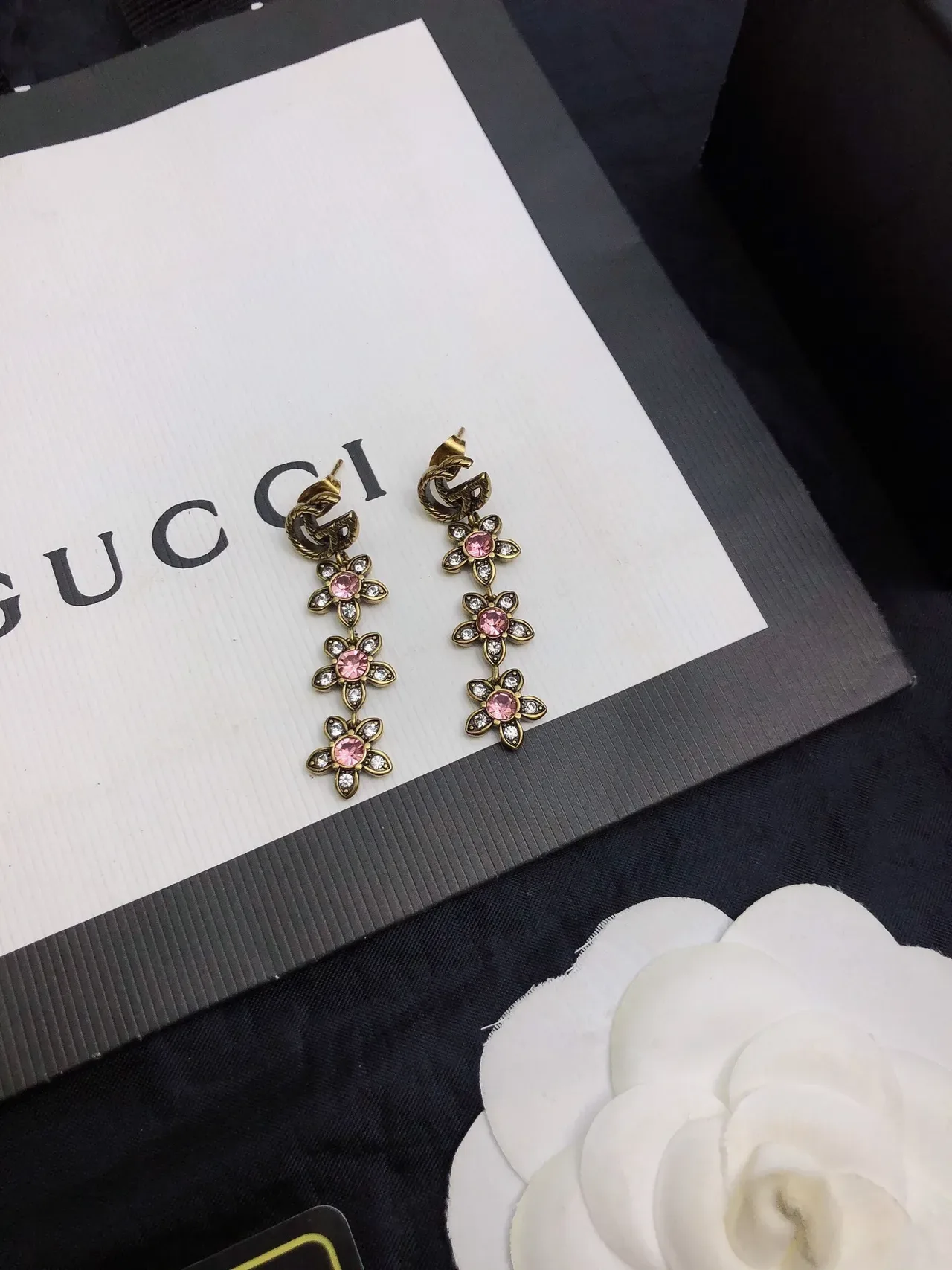 Gucci Flora Triple Flower Pink Crystal Earrings 5