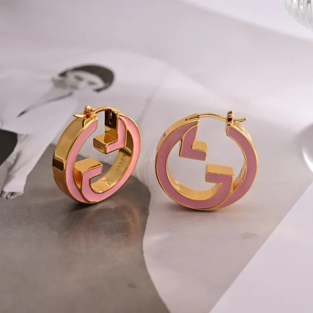 Gucci GG Hoop Gold Pink Circular Enamel-Filled Earrings 5
