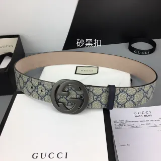 Gucci GG Marmont Beige Navy Monogram Canvas Interlocking G Buckle Leather Belt