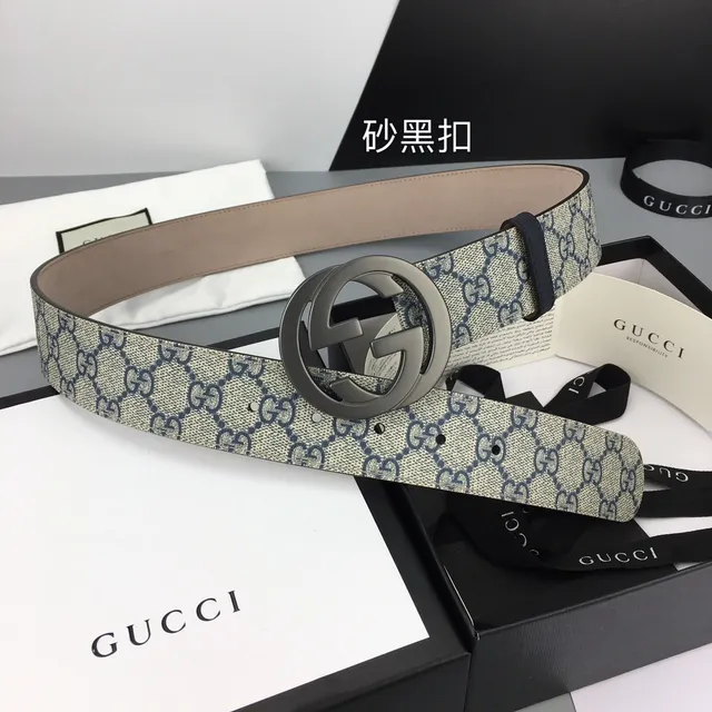 Gucci GG Marmont Bege Marinho Monograma Lona Fivela G Interlocking Couro Cinto 2