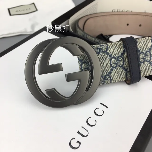 Gucci GG Marmont Bege Marinho Monograma Lona Fivela G Interlocking Couro Cinto 3