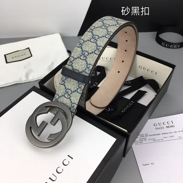 Gucci GG Marmont Bege Marinho Monograma Lona Fivela G Interlocking Couro Cinto 4