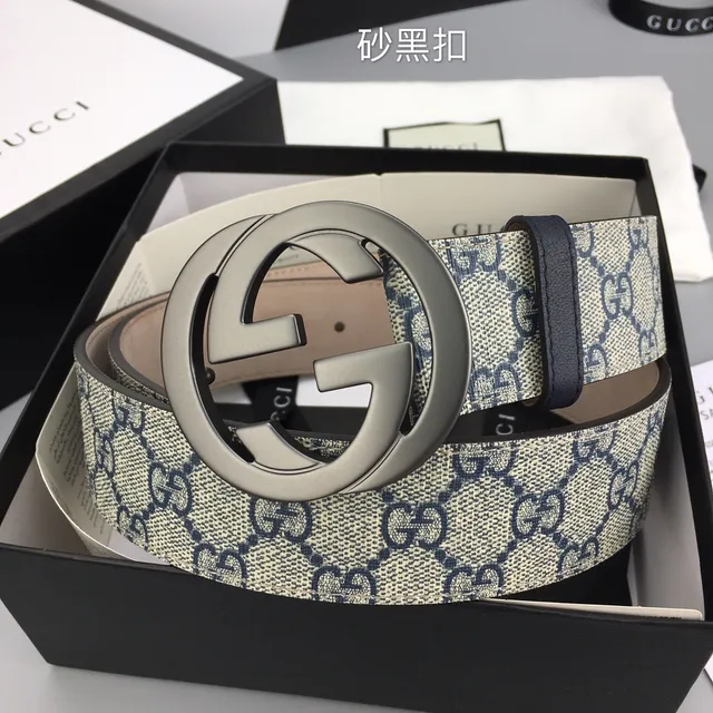 Gucci GG Marmont Bege Marinho Monograma Lona Fivela G Interlocking Couro Cinto 5
