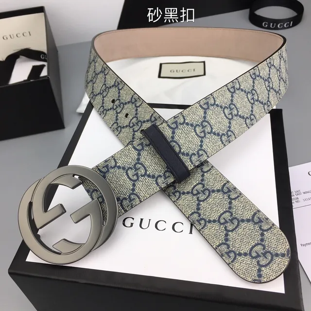 Gucci GG Marmont Bege Marinho Monograma Lona Fivela G Interlocking Couro Cinto 6
