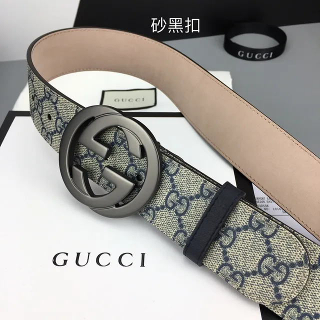 Gucci GG Marmont Bege Marinho Monograma Lona Fivela G Interlocking Couro Cinto 9