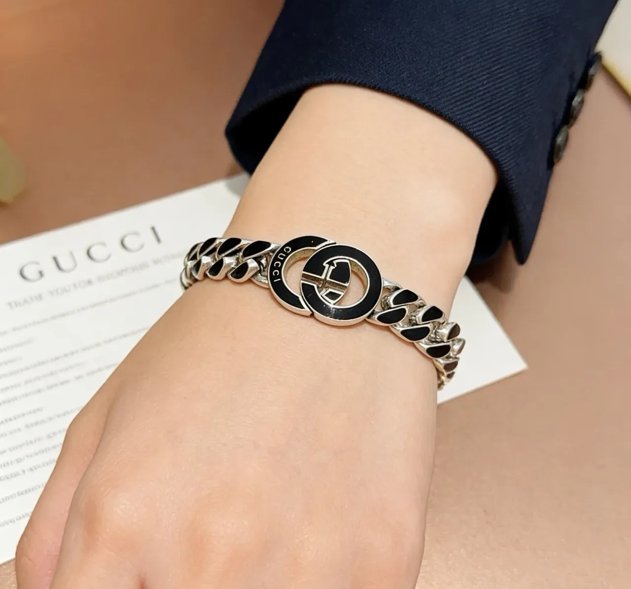 Gucci GG Marmont Black Enamel Curb-Link Bracelet 4