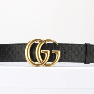 Gucci GG Marmont Black Gold Embossed Monogram Double G Buckle Leather Belt