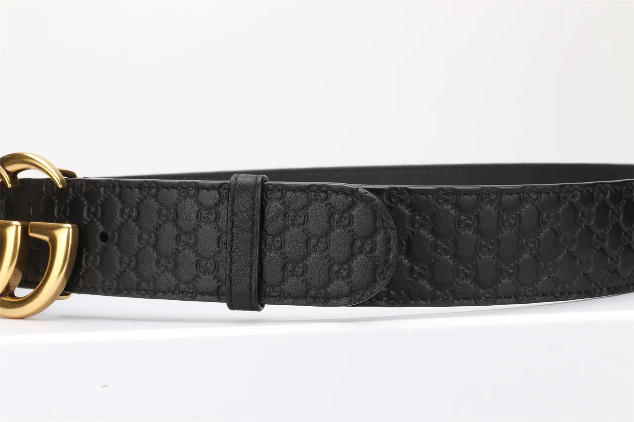 Gucci GG Marmont ceinture en cuir noire dorée monogramme embossé boucle double G 14
