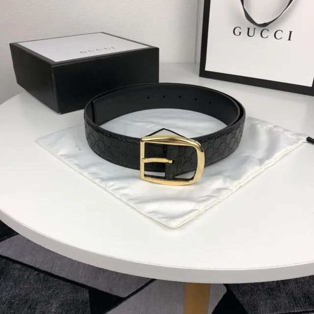 Gucci GG Marmont Black Gold Embossed Monogram Rectangular Buckle Leather Belt 2