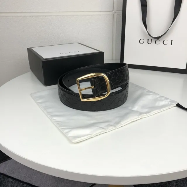 Gucci GG Marmont Black Gold Embossed Monogram Rectangular Buckle Leather Belt 9