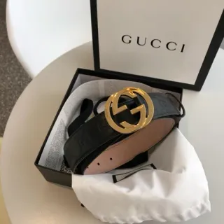 Gucci GG Marmont Black Gold Interlocking G Buckle Embossed Monogram Leather Belt