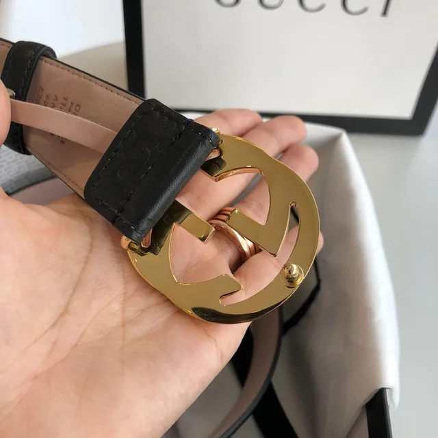 Gucci GG Marmont Black Gold Interlocking G Buckle Embossed Monogram Leather Belt 2
