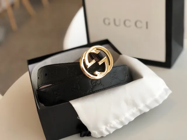 Gucci GG Marmont Black Gold Interlocking G Buckle Embossed Monogram Leather Belt 5