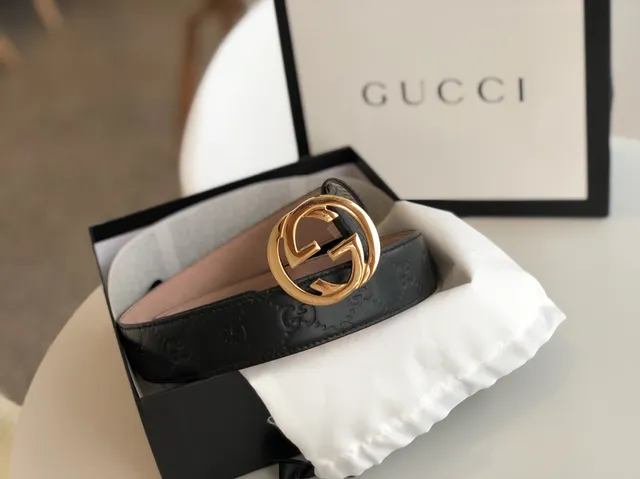 Gucci GG Marmont Black Gold Interlocking G Buckle Embossed Monogram Leather Belt 6