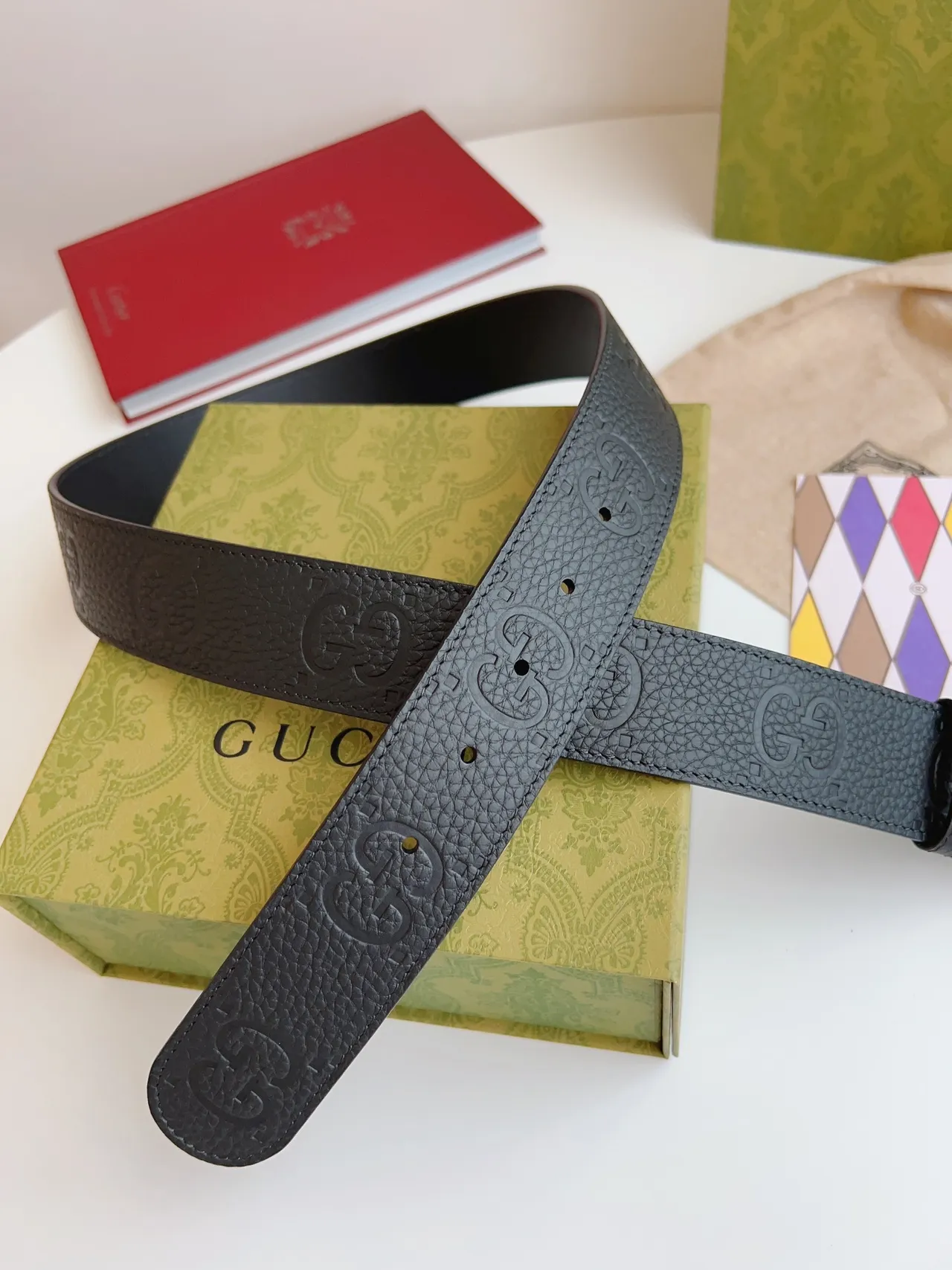 Gucci GG Marmont কালো সোনার interlocking G বাকেল embossed মোটিফ চামড়ার বেল্ট 2