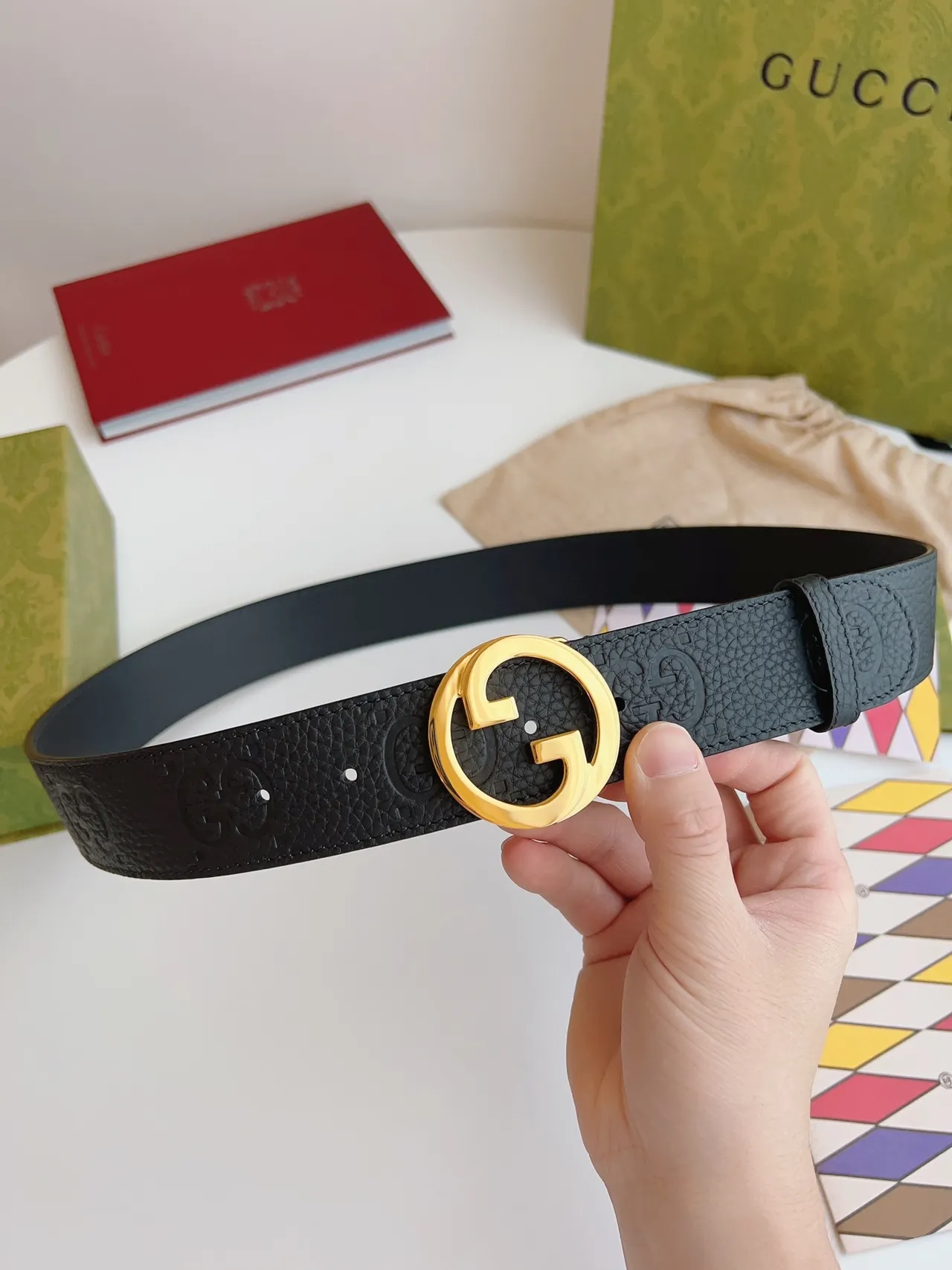 Gucci GG Marmont কালো সোনার interlocking G বাকেল embossed মোটিফ চামড়ার বেল্ট 3