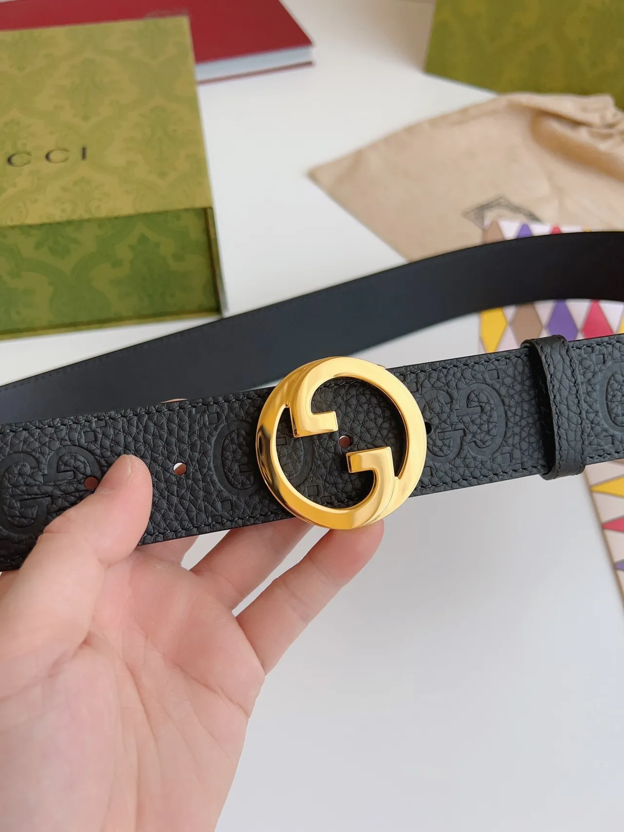 Gucci GG Marmont কালো সোনার interlocking G বাকেল embossed মোটিফ চামড়ার বেল্ট 5