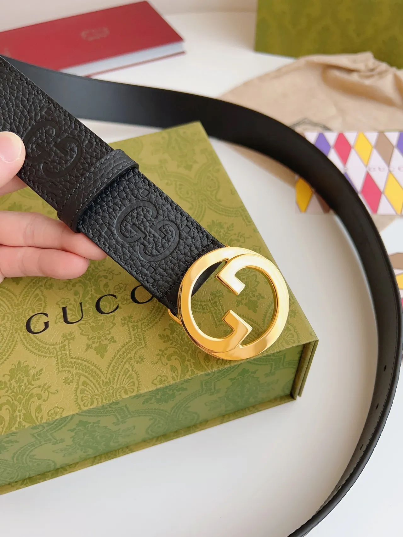 Gucci GG Marmont কালো সোনার interlocking G বাকেল embossed মোটিফ চামড়ার বেল্ট 6