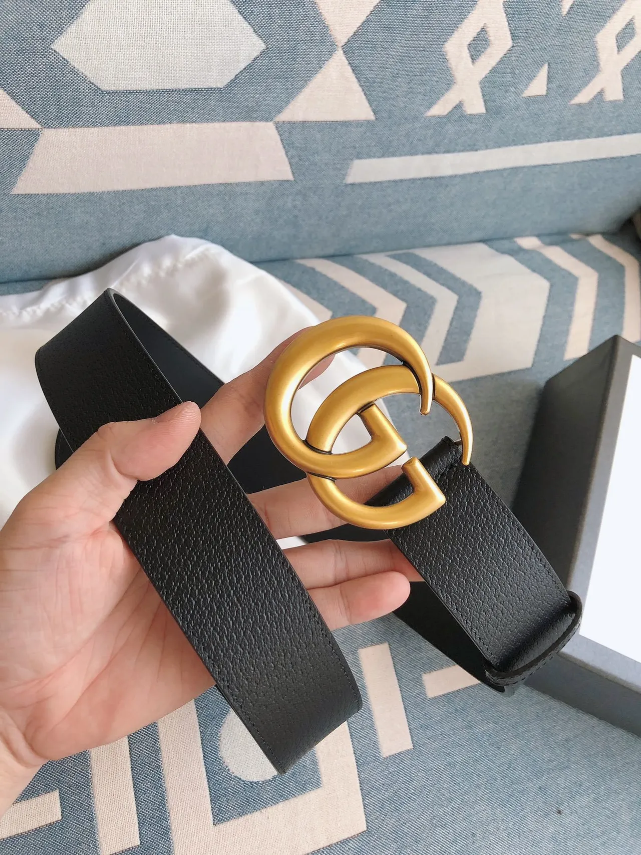 Gucci GG Marmont Black Gold Interlocking G Buckle Pebbled Leather Belt 2