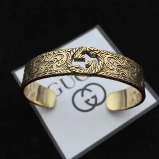 Gucci GG Marmont Gold Brown Ornate Engraved Metalwork Interlocking G Motif Bracelet