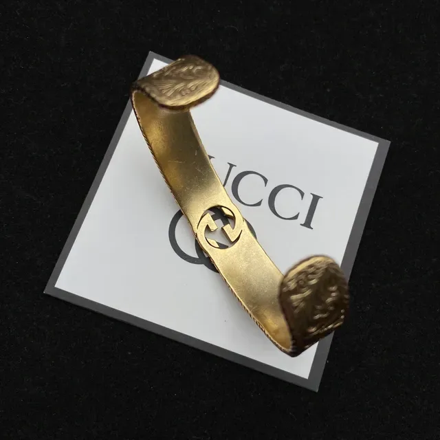 Gucci GG Marmont Gold Brown Ornate Engraved Metalwork Interlocking G Motif Bracelet 4